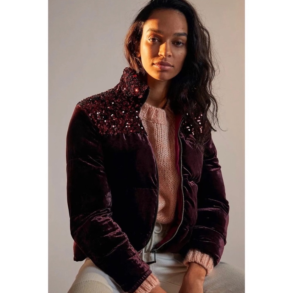 Anthropologie Vera Sequined Velvet Puffer Jacket